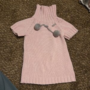 Pink Knit Short Sleeve Sweater Dress with Pom Poms